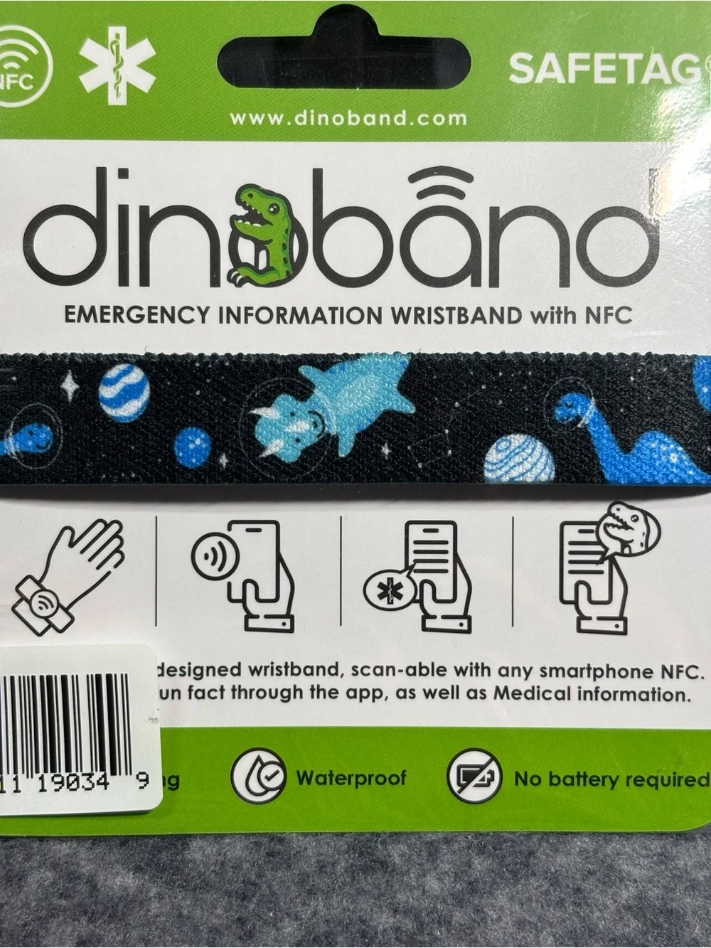 SAFETAG NFC Emergency Wristband - Black with Blue Dinosaur Pattern